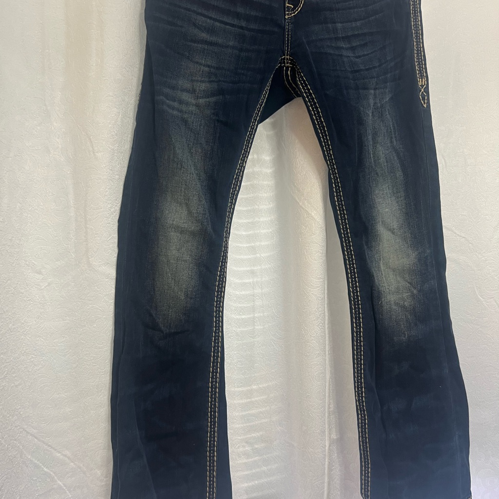 Rock Revival Blue Denim Jeans With Orange Stitching, Tried On At Home.